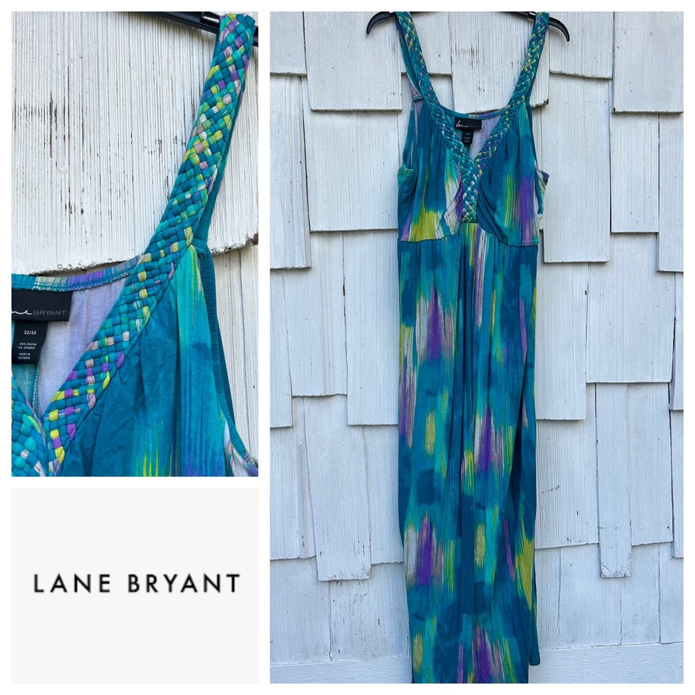 Lane‎ Bryant Maxi Dress Teal Blue Abstract Print Braided Strap V Neck Plus 22/24